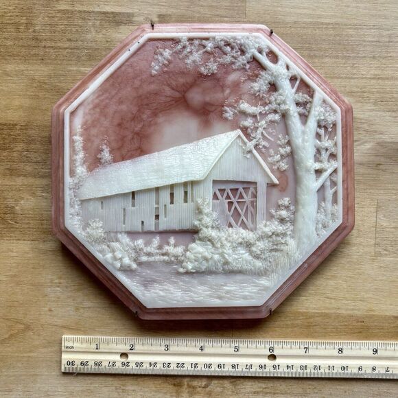 Vtg Incolay Soapstone Cottage Bridge Cute Marbled Plate Pink Ivory Forrest River - Picture 3 of 8